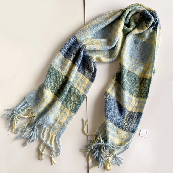 NWT Free People Homecoming Plaid Blanket Scarf School Blue Large Soft Fringed - Picture 2 of 8